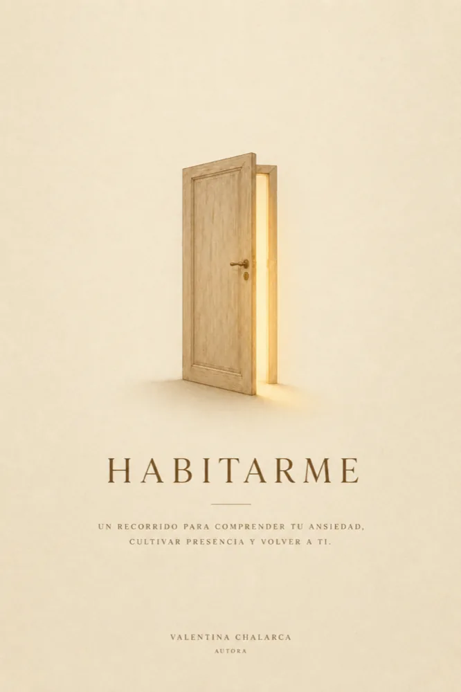 Portada de HABITARME, de Valentina Chalarca: una puerta de madera entreabierta con luz cálida saliendo por la rendija.